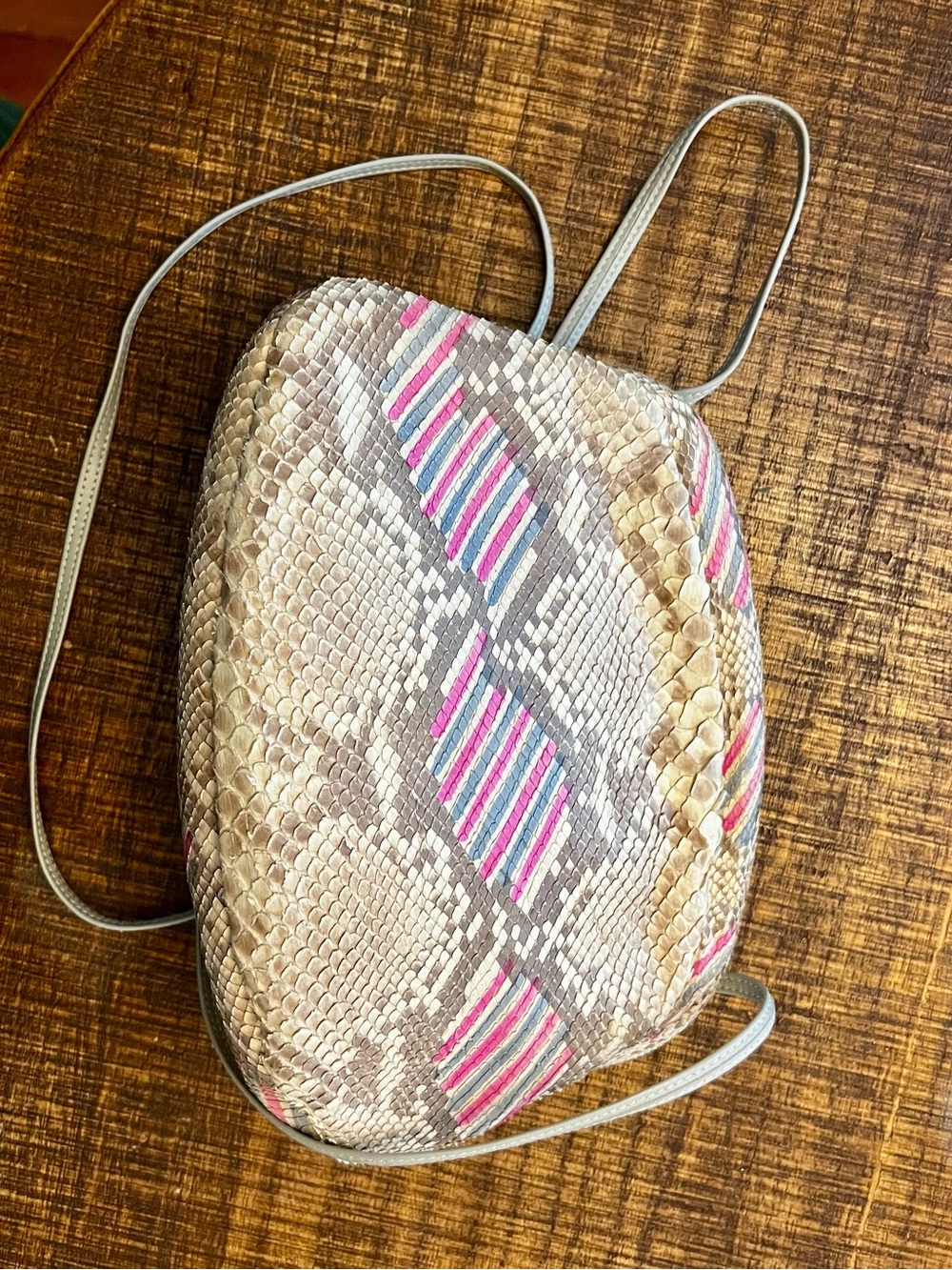 Studio Beige Snake-Print Crossbody with Pink & Blue Accents